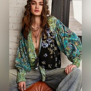 Free People Gemini Blouse Mixed Print Colorful Bohemian Hippie Oversized S